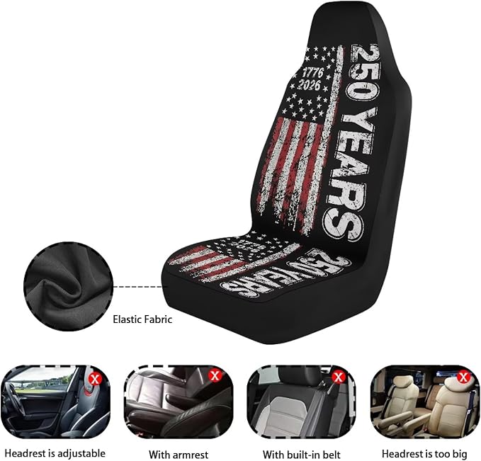 USA 250th Anniversary Car Seat Covers 2 Pcs Patriotic Car Seat Cover Removable Automotive Accessories Universal Fit for Most Cars SUVs and Sedans