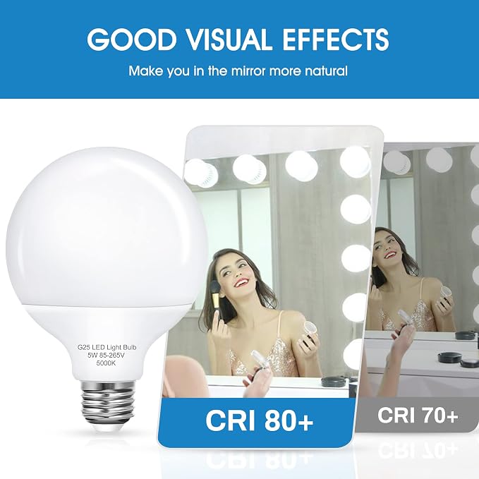 8 Pack G25 Vanity Light Bulb, LED Globe Bulbs for Bathroom Vanity Mirror, 60W Light Bulbs Equivalent, Brightness 5000K Daylight E26 Base Bulb, 6W LED for Round Makeup Mirror Lighting Non Dimmable