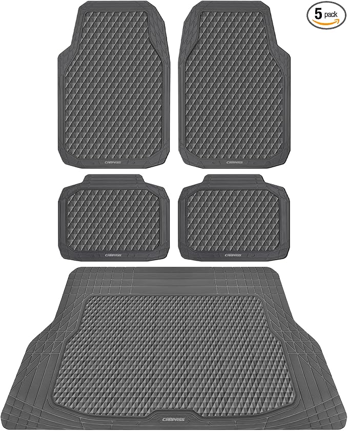 CAR PASS Gray Rubber Car Floor Mats & Cargo Liners, Durable Anti-Slip 3D Rhombus Waterproof Automotive Pad Trim Fit Liner All-Weather Trunk Mats Full Set Universal Fit Auto Van Sedan SUV Truck Gray