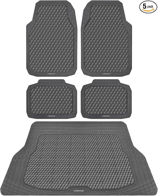 CAR PASS Gray Rubber Car Floor Mats & Cargo Liners, Durable Anti-Slip 3D Rhombus Waterproof Automotive Pad Trim Fit Liner All-Weather Trunk Mats Full Set Universal Fit Auto Van Sedan SUV Truck Gray