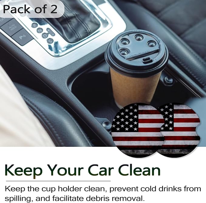 Car Coasters for Cup Holders - Black American Flag | 2 Pack Anti Slip Universal Rubber Car Cup Coaster for Women Men, Car Interior Accessories