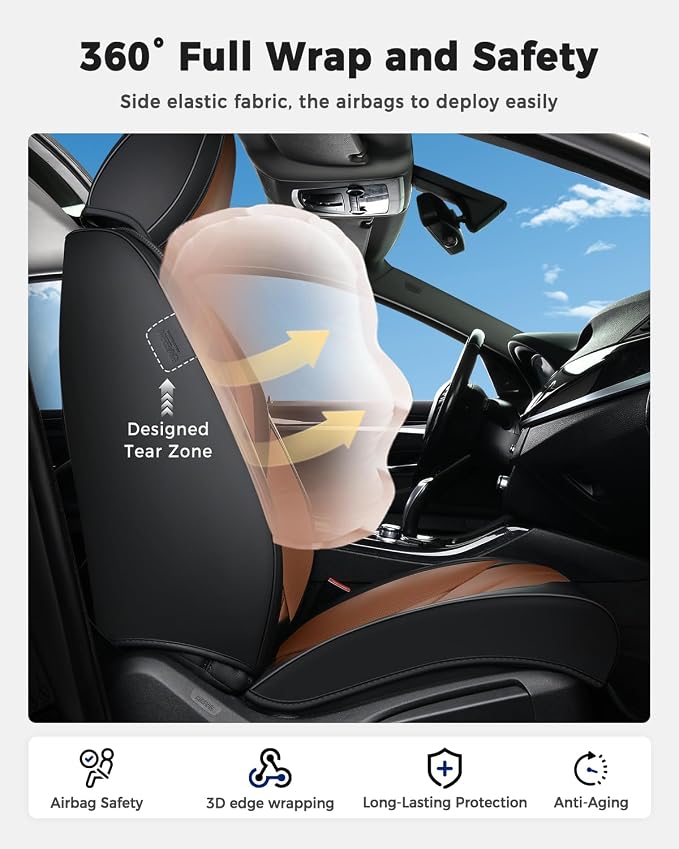 Huidasource Car Seat Covers, Universal Fit for Cars SUV Trucks, Black&Brown | Full Coverage Leather Seat Cover, Airbag, Cupholder Compatible, Seat Function Retain, Easy Install with Velcro