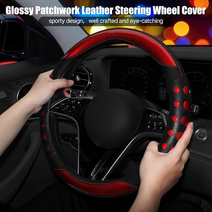 Hiseanllo Car Steering Wheel Cover, 14.5-15 Inch Universal Fit, Sporty Anti-Slip Leather Steering Wheel Protector with Glossy Color Accent, Comfortable Grip for Cars, SUVs, Trucks(Red)