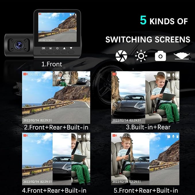 Dash Cam1080P 3 Channel Dash Camera Mini Car Recorder 2.45 Inch Screen Front Rear and Inside with Loop Recording Wide Angle IP66 Waterproof