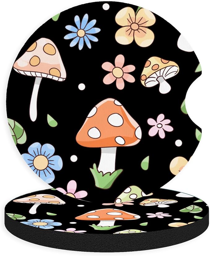 2pcs Cute Pink Mushrooms Car Coasters,Absorbent Universal neoprener Cup Holder Coasters with a Finger Notch,Car Accessories for Women&Man Interior，2.75" 1
