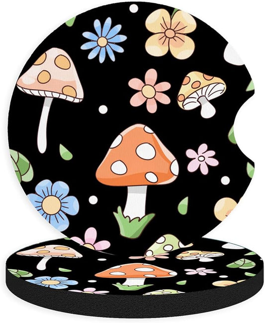2pcs Cute Pink Mushrooms Car Coasters,Absorbent Universal neoprener Cup Holder Coasters with a Finger Notch,Car Accessories for Women&Man Interior，2.75" 1
