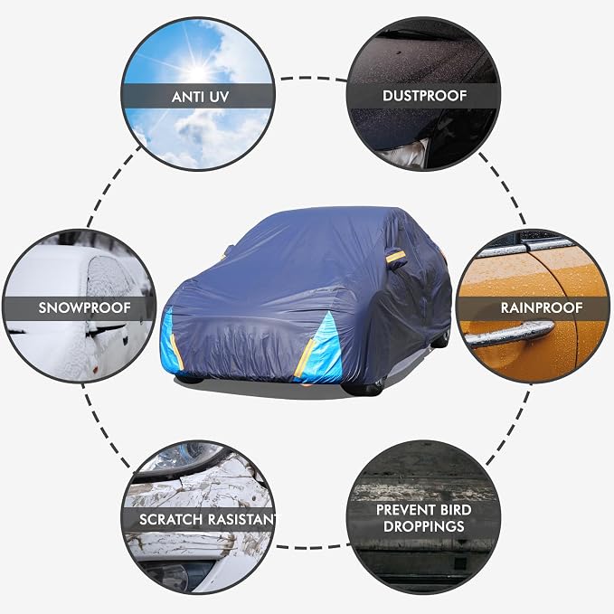 Car Cover Waterproof All Weather, 6 Layers Outdoor Full Exterior Cover Rain Sun UV Snowproof Protection with Zipper Cotton, Mirror Pocket for Ford Mustang