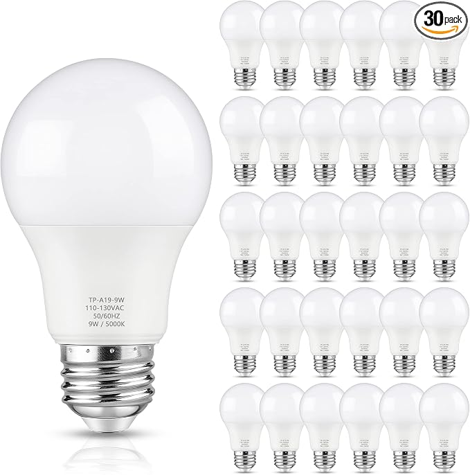 Maylaywood A19 LED Light Bulbs, 60 Watt Equivalent, 5000K Daylight White, 850 LM, Non-Dimmable, E26 Base, 9W Bright White LED Bulbs, 30-Pack