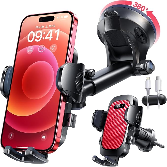 YRU True Military-Grade [360° Rotation Suction] 2026 Ultimate Car Phone Holder Mount【90+LBS Safest Strongest & Patent Certs】 Dash Windshield for iPhone 17 16 Pro Max Speakerphones, Red