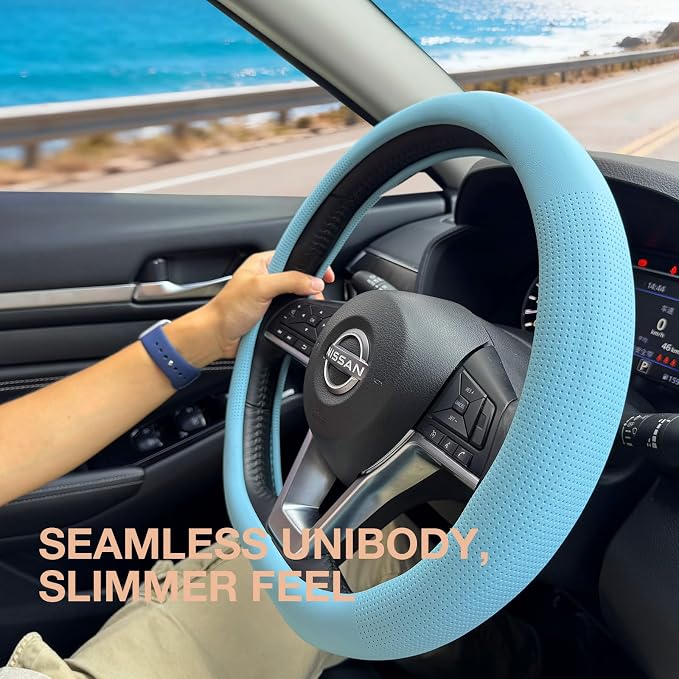 PINCTROT D Shaped Nappa Leather Steering Wheel Cover, Slim Fit No Bulk Design, One Piece Leather with Breathable Perforation, Fit Like Gloves, Flat Bottom 14.5-15 Inch(Nappa Aqua)