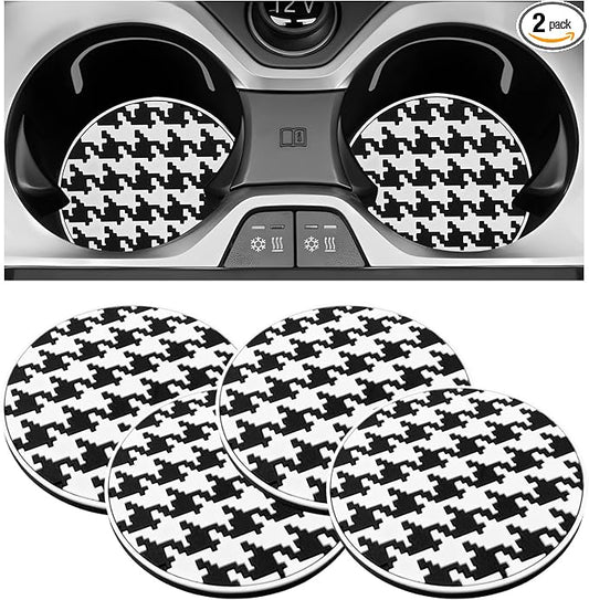4 PCS Car Cup Coasters, 2.76 Inch Shockproof Auto Cup Holder Insert Coaster Checkered Drink Mat, Anti-Slip Waterproof Water Bottle Pad Stylish Grid Decoration for Most Vehicles (Houndstooth)