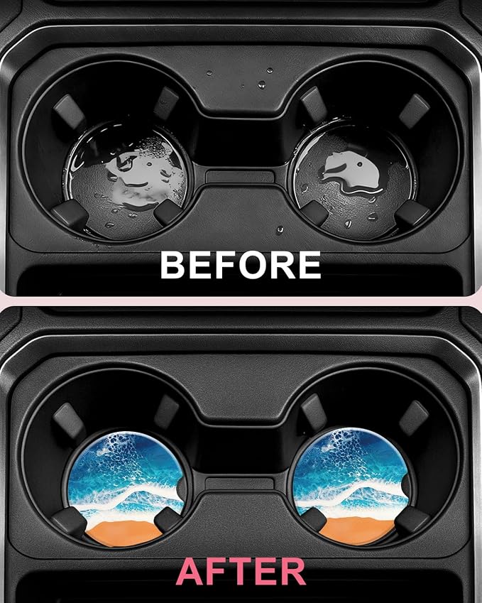 Swooflia Car Coasters for Women - Beach Ceramic Car Cupholder Coaster Cool Absorbent Mat Coaster with Cork Base 2 Pack Automotive Cup Holder Accessories New Driver Gifts for Decor