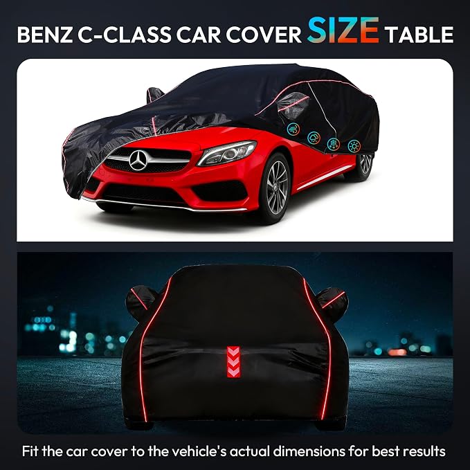 Car Cover Waterproof All Weather 8-Point Fastening for Benz C-Class 2008-25 | All-Around Wind-Resistant Fastening, 120s Quick Setup, 600D Oxford Fabric, All-Weather Protection