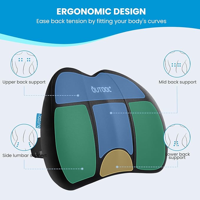 QUTOOL Lumbar Support Pillow for Office Chair, Office Home Essentials,Gifts for Mom,Dad, Back Support Pillow for Car, Chair Cushions,Back Pain Relief Improve Posture,Mesh Cover Adjustable Straps