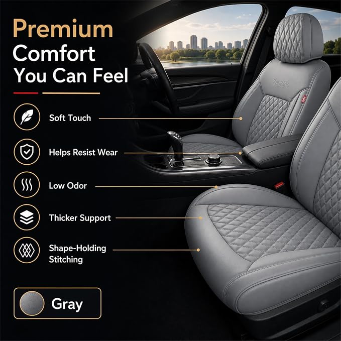 Gray High-Density Nappa Leather Automotive Car Seat Covers Full Set | Univerasal Precision Fit,3D Contoured,Full Coverage,Waterproof,ThickTexture Nappa Leather,for most Suvs Trucks Sedans