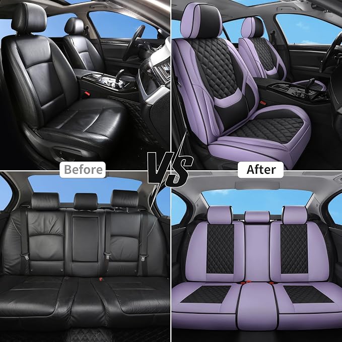 Car Seat Covers Full Set,5 Seat Leather Seat Covers for Cars,Front Seats and Back Seat Cover,Waterproof Car Seat Cushion Protectors,Universal Fit for Most Cars SUV Trucks (Purple Black, Full Set)