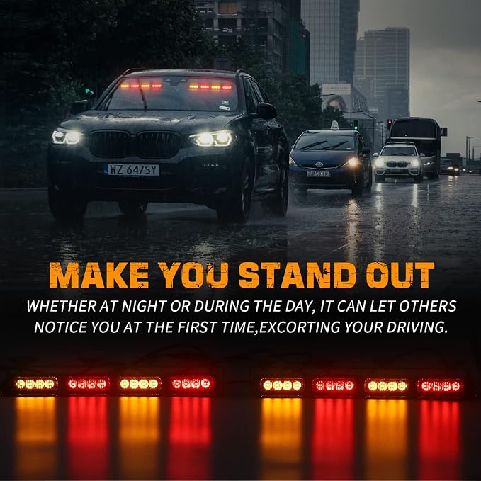 XRIDONSEN 2x 14 inch Amber Red Emergency Dash Lights 32 LED Strobe Lights | Interior Safety Warning Hazard Caution Front/Rear Windshield Light Bar w/ Controller for Construction Vehicles Trucks Car
