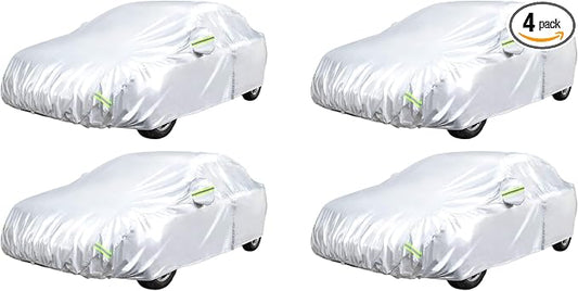 Amazon Basics Silver Weatherproof Car Cover, 150D Oxford, UV Protection, Snow Protection, Dustproof for Sedans up to 200", with Door Zipper (Pack of 4)