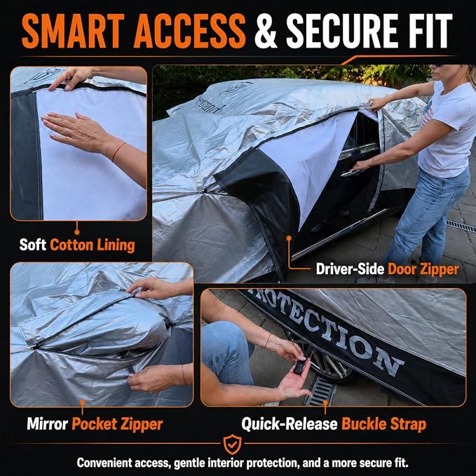 BERTRAND Heavy Duty Sedan Car Cover Waterproof All Weather - Snow, Rain & UV Outdoor Protection | Cotton-Lined, Up to 10-Point Anchoring + Door Zipper | Compact Sedans, Silver-Black (179x69, A1)