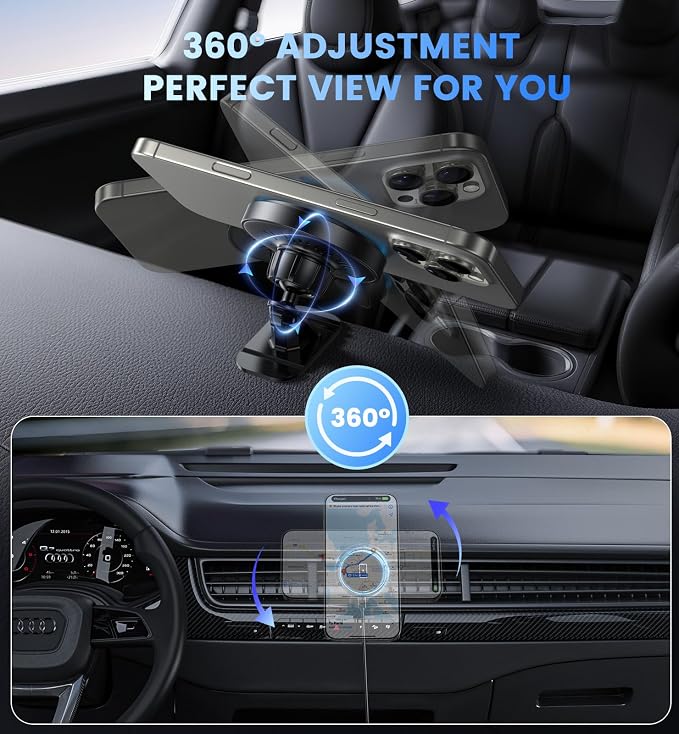 Magnetic Car Charger Mount 15W for iPhone 17-12 Pro Max | N52 Strong Magnets, 360° Rotation, Dashboard & Vent Mount, Compatible with Magnetic Cases, Gift for Men, Black