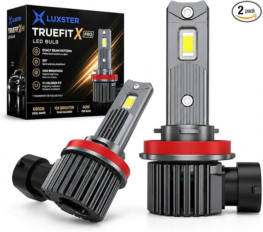 LUXSTER H11 H9 H8 TrueFit X Pro High Performance LED Bulbs (2 Pack) | 1:1 Mini Size, 12-Core Chip, 10X Brighter Than Halogen, Compact Cooling, Off-Road Headlight, Fog Use, Plug-and-Play Fit
