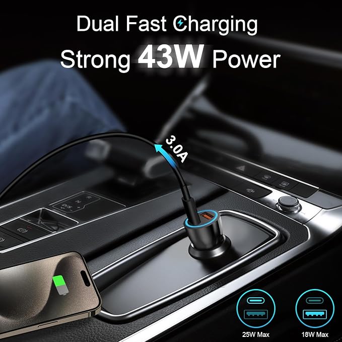 iPhone 17 16 15 Car Charger, [Apple MFi Certified] 2-Pack USB C Car Charger 43W Fast Charging with 3.3 FT Type C to C Cable, USB Car Adapter for iPhone 17/17 Pro/17 Pro Max/Air/16/15