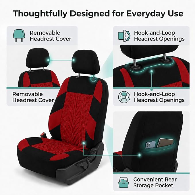 FH Group Car Seat Covers Full Set Premium Cloth - Universal Fit,Automotive Seat Cover,Low Back Front Seat Covers,Airbag Compatible,Split Bench Rear Seat,Washable Seat Cover for SUV,Sedan Red