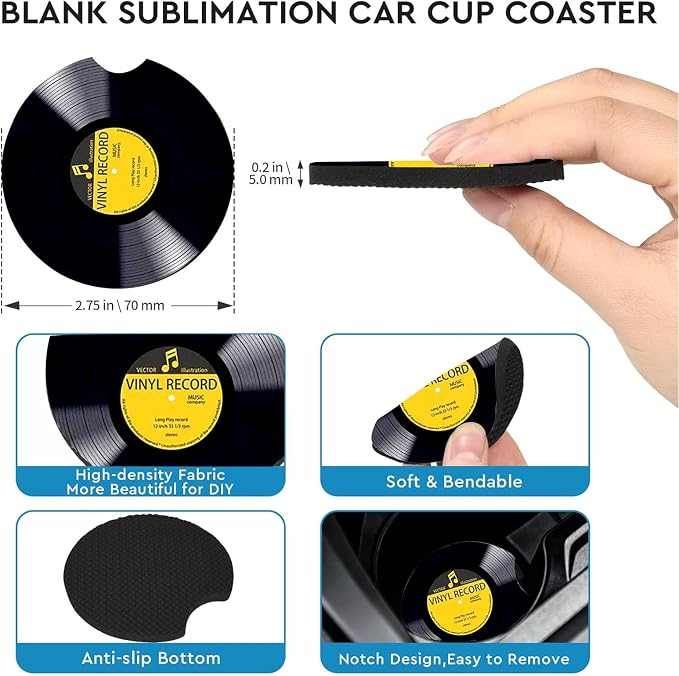 2 Pack Retro Vinyl Record Car Cup Holder Coasters Universal Neoprene Mat | 2.75" Universal Size Anti Slip Rubber Mat, Auto Cup Holder Accessories for SUV Truck, Retro Vinyl Record Gifts for Women Men