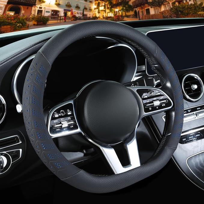 3D Soft 14 inch Leather D Shape Steering Wheel Cover Black Blue | Breathable Anti-Slip Premium Skin-Feel Perforated Thin Nappa Leather, Small 13.5 inch to 14 inch