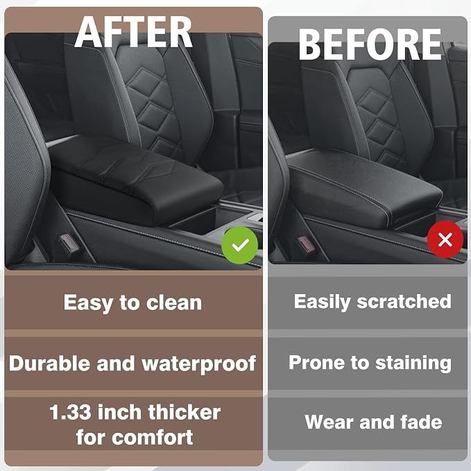 Muslogy Center Console Armrest Cover Fit for Volkswagen Atlas & Cross Sport 2024-2026 Accessories, Comfort Armrest Pad Console Lid Cushion Vegan Leather 1-Inch Extra Thick
