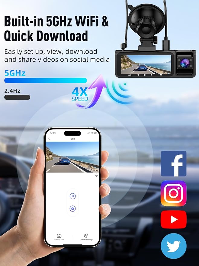 3 Channel 5G WiFi Dash Cam, 4K+1080P+1080P Dash Cam Front and Rear with 64GB Card, Dash Camera for Car with HDR IR Night Vision, G-Sensor, 24/7 Parking Mode, WDR, Support 128GB Max - Black