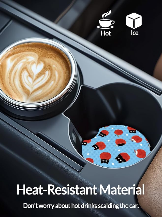 WOCOCN Cute Cup Holder Coasters for Your Car with Fingertip Grip, Auto Accessories for Women & Men,Pack of 2 (Black Cat and Apple)