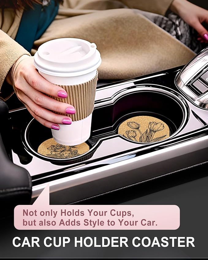 Swooflia Car Coasters for Women - Flower Cork Car Cupholder Coaster Cool Absorbent Mat Coaster with Cork Base 2 Pack Automotive Cup Holder Accessories New Driver Gifts for Decor