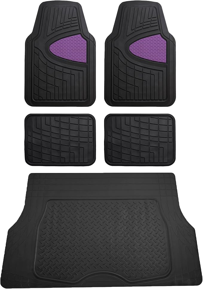 FH Group Premium Liners Tall Channel Trimmable All Weather Rubber Full Set Car Floor Mats (Purple) w. Trimmable All-Season Cargo Liner (Black) - Universal Fit for Cars Trucks and SUVs