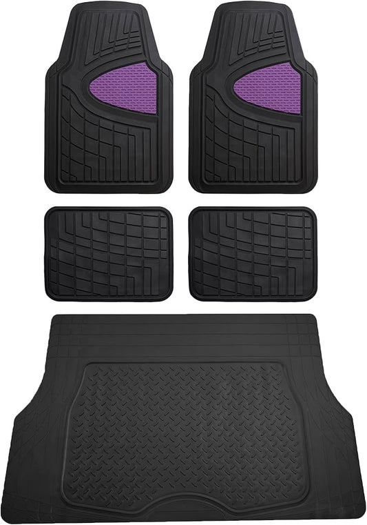 FH Group Premium Liners Tall Channel Trimmable All Weather Rubber Full Set Car Floor Mats (Purple) w. Trimmable All-Season Cargo Liner (Black) - Universal Fit for Cars Trucks and SUVs