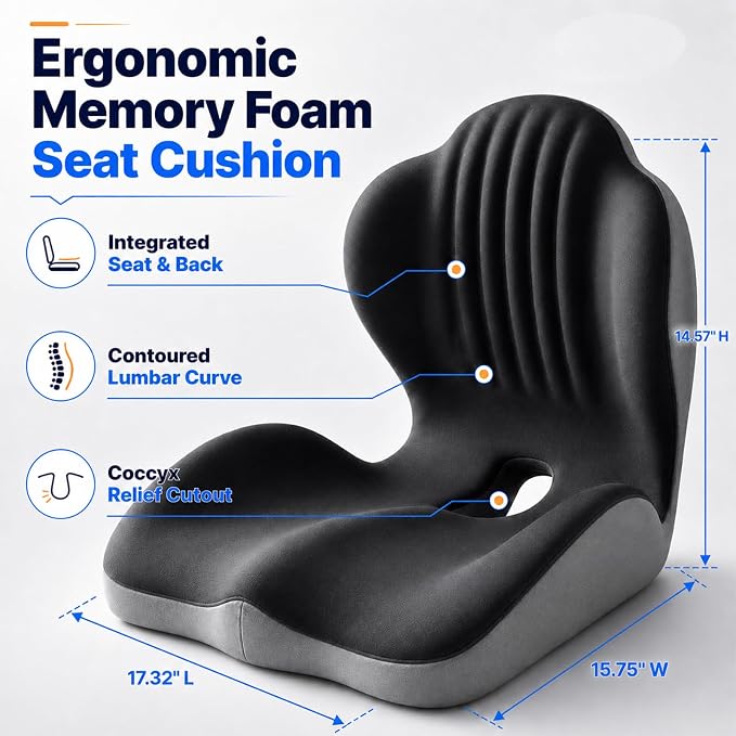 Ergonomic Memory Foam Seat Cushion with Back Support, Office Chair Cushion | L-Shaped Integrated Design with Lumbar Support and Tailbone Cutout for Office, Car, Computer, Dining Chairs (Black & Gray)