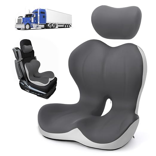 Truck Seat Cushion and Headrest 2-in-1 Set for Truck Driver, Lumbar Support Car Cushions for Long Haul Driving, Memory Foam for Semi Truck & Big Rig, Ergonomic Relief for Back & Sciatic Pain