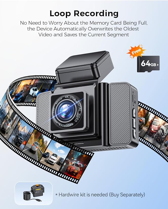 4K+4K Dash Cam Front and Rear, STARVIS SensorsFree 64GB Card,Support 256GB Max,5.8GHz WiFi Dash Camera for Cars,140°Wide Angle,3" IPS Screen, Dash Camera for Cars with 24/7 Parking Mode