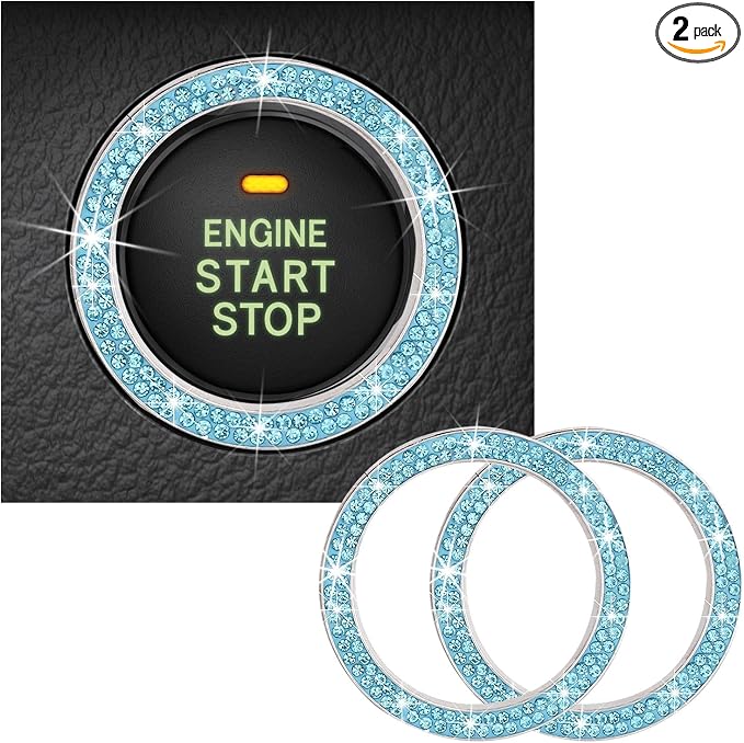 Kewucn 2 PCS Bling Crystal Double Rhinestone Car Engine Start Decoration Ring, Sparkling Push Start Button Sticker, Key Ignition & Knob Ring Decoration, Bling Car Interior Accessory(Lake Blue)