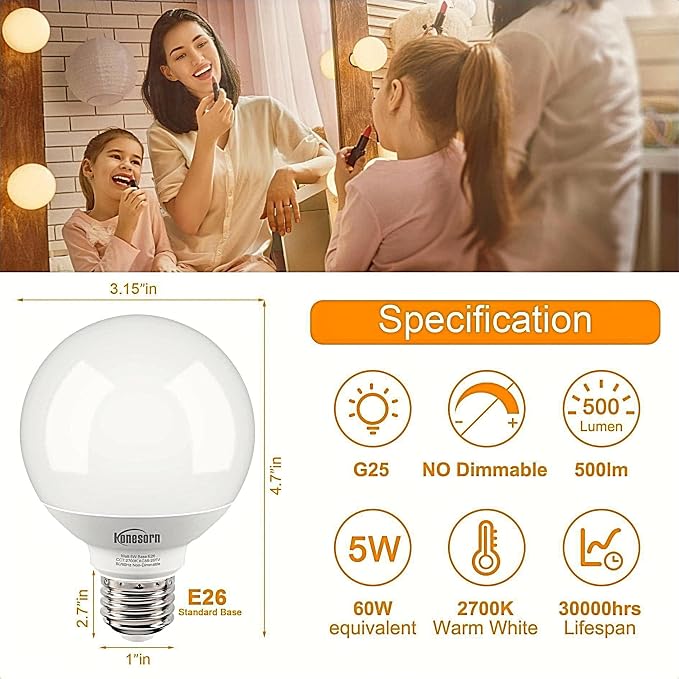 Honesorn Globe Light Bulbs 60W Equivalent, 2700K Warm White, G25 Round LED for Bathroom, Vanity Mirror, E26 Base, CRI85+, 500LM, 120V, Non-dimmable, 12 Pack