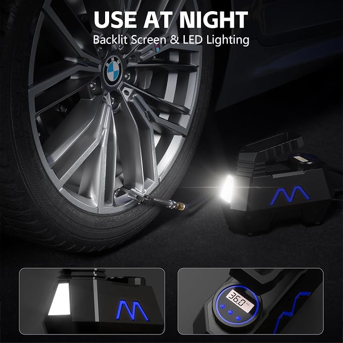 Tire Inflator Portable Air Compressor, Air Pump for Car Tires, 9.84Ft Cord-12V DC-Powered Auto Pump with Digital Pressure Gauge, LED Light-Car Accessories for Car, Motorcycles, Bicycle, Ball, Balloons