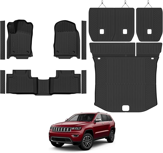 Custom Fit Floor Mats for 2016-2021 Jeep Grand Cherokee, All Weather TPE Floor Liners with Trunk Mat & Backrest Protectors & Door Sill Guard, Odorless Full Set Interior Accessories