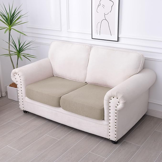 hyha Waterproof Couch Cushion Covers for Pets, Non Slip Sofa Seat Cover for Dogs Washable, Soft Thick Stretch Jacquard Fabric, Sofa Slipcovers with Elastic Bottom (2 Pieces, Taupe)