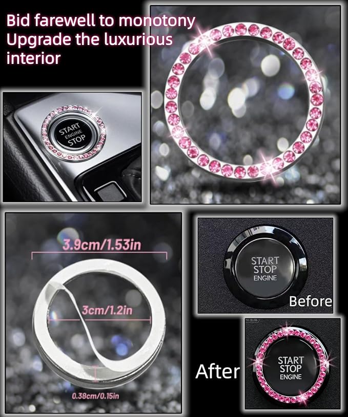 11 pcs Bling Car Accessories Set for Women, Steering Wheel Cover, Sparkly Seat Belt Covers, Daisy Vent Clips, Bling Shift Cover，Universal Fit Most Cars (Pink Diamond)