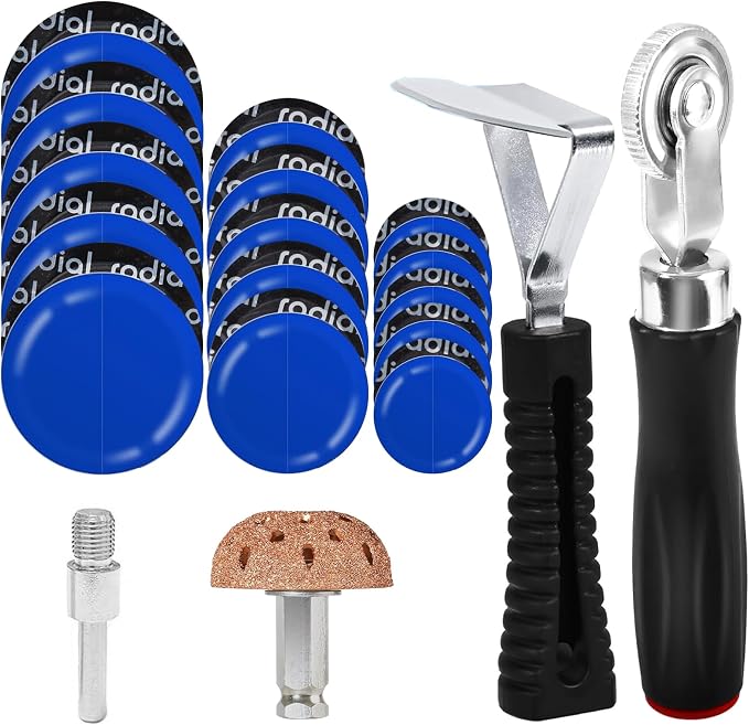 Wayona 35Pcs Tire Repair Patch Kit Heavy Duty, Tire Patches 32/45/58mm Tire Repair Tools with 40mm Tire Buffing Wheel Tire Patch Roller Inner Liner Scraper for Car Tire Grinding Bike Motorcycle Wheel