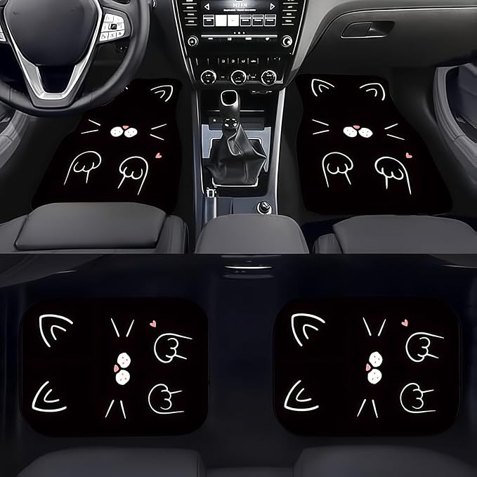 Universal Fit Car Floor Mats Set of 4Pcs, Cute Cartoon Cat All-Weather Front Rear Car Carpet Mats, Non-Slip Car Floor Mat Car Accessories for Automotive Trucks SUV Sedans Vans