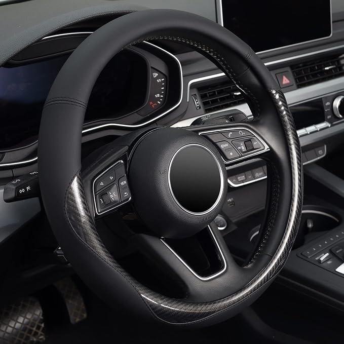 KAFEEK Carbon Fiber Steering Wheel Cover for Men, Car Accessories, Black | Universal 15 Inch Sporty & Thin Cover, Anti-Slip Matte Leather, All-Black Sleek Design