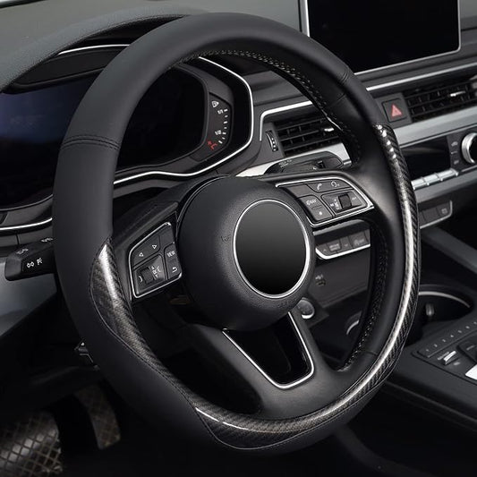KAFEEK Carbon Fiber Steering Wheel Cover for Men, Car Accessories, Black | Universal 15 Inch Sporty & Thin Cover, Anti-Slip Matte Leather, All-Black Sleek Design