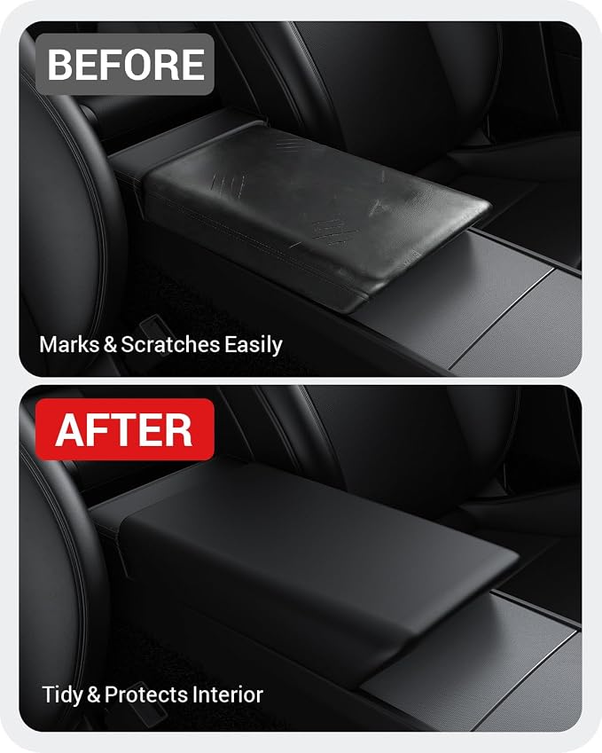 BASENOR Center Console Armrest Cover for 2025 2026 Tesla Model Y Juniper Tesla Model 3 Highland Non-Slip TPU [No Logo] Pet Scratch Resistant Accessories Black (Standard/Premium/Performance)