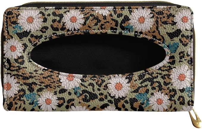 Leopard Daisy Tissue Box Sun Visor Tissue Holder Car Visor Napkin Holder with Back Clip Easy to Install Car Decoration